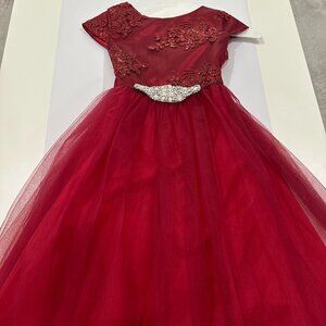 Embroidery, Glitter Mesh Dress With Sash, Burgundy, Size 12